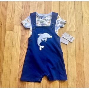 Quiltex Boys Jumper Shorts Overall 2 PC Set Dolphin‎ 12M Blue NWT- SHIPS TODAY!